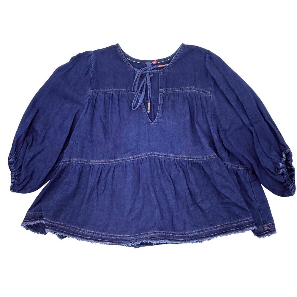 Pilcro Anthropologie Chambray Peasant Blouse Size L Denim Blue Tie Neck Boho